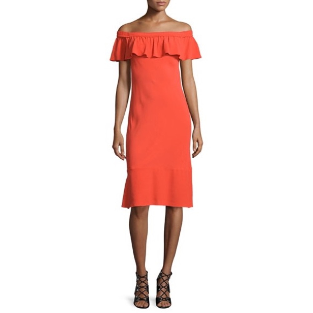 Veronica Beard Red Orange Oleta Off The Shoulder Flounced Hem Midi Dress